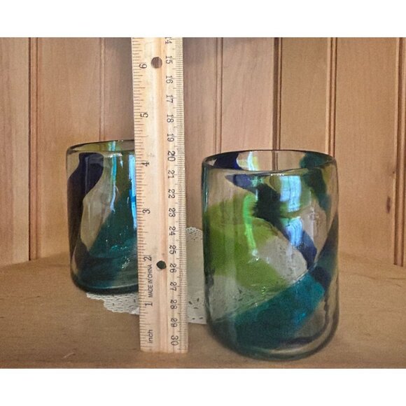 Hand Blown Multicolored Swirl Design Glass Tumblers Cocktails Tequila Blue Green - Picture 7 of 7